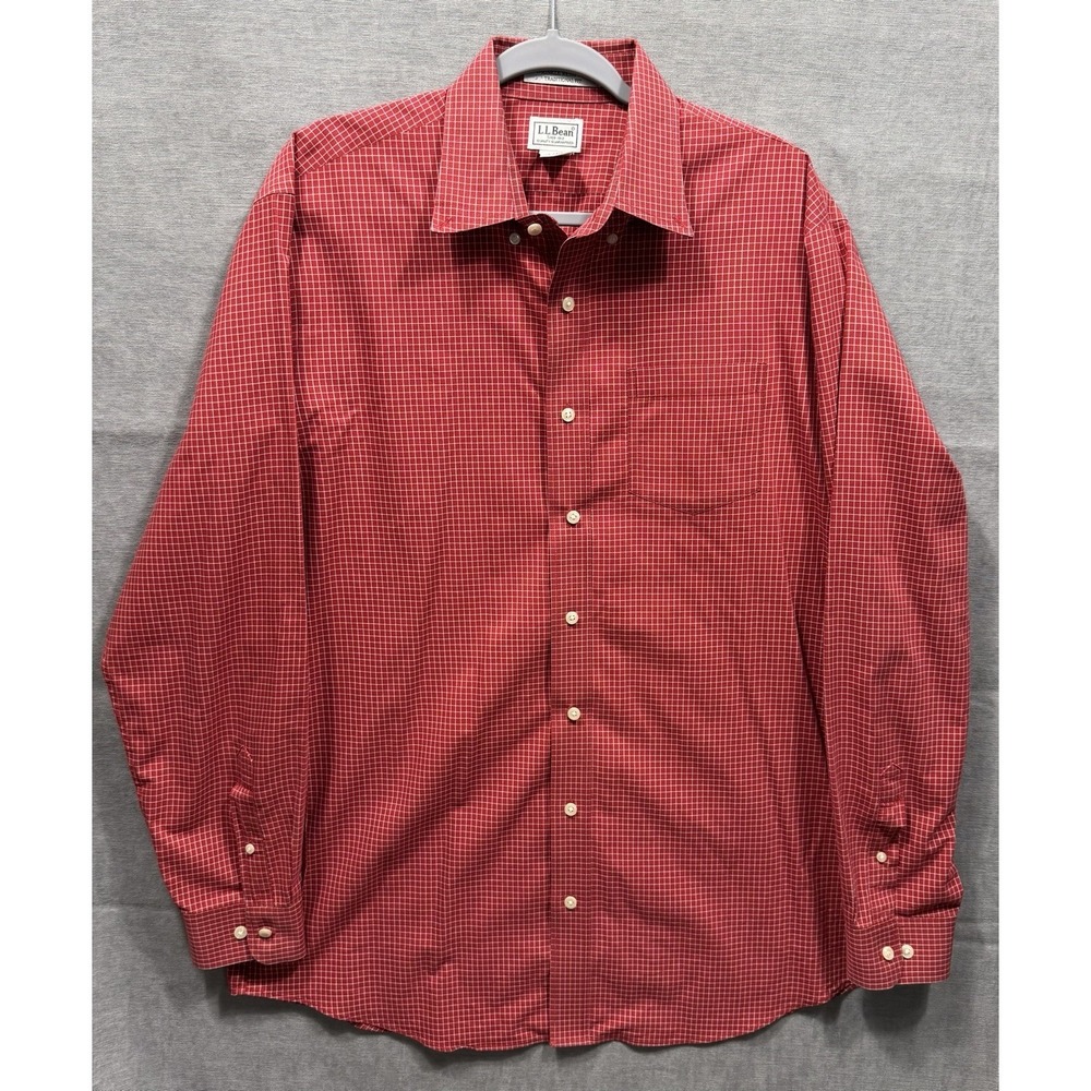 LL Bean Dress Shirt Mens Large Tall Red Check Wrinkle Resistant Long Sleeve